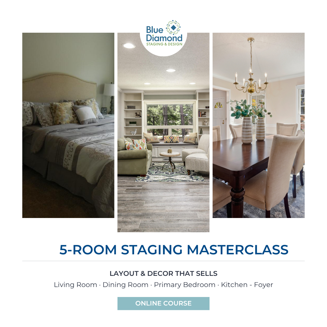 Woman sitting at a laptop taking notes and course curriculum is shown in the foreground with the videos expected in the online home staging course