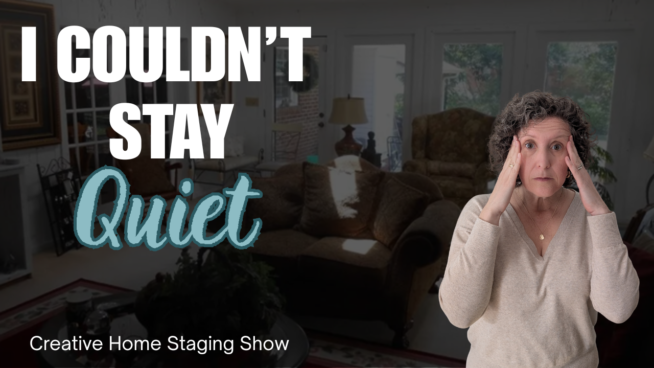 Kasia McDaniel, host of Creative Home Staging Show, is wearing a blue sweater with her hands by her head as if hiding. The background shows a teal painted dining room.